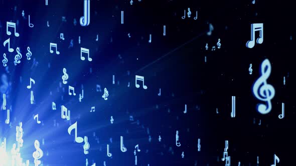 Blue Glittering Music Notes Flying Light Loop, Motion Graphics | VideoHive