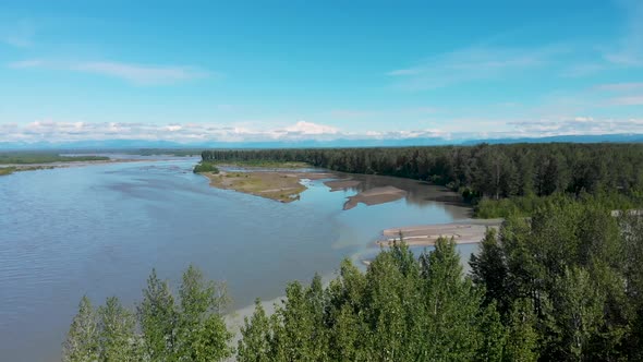 4K Drone Video of Susitna River with Denali Mountain in Distance on Alaska Summer Day alt