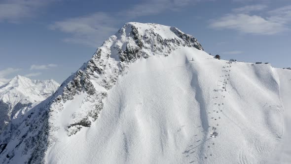 Aerial View Flight Slope Ski Resort Krasnaya Polyana Snowboarding Trace Lift to Mount Black Pyramid alt