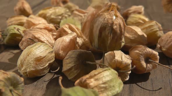 Orange Ripe Physalis Berry are Falling Down on the Wooden Surface of the Table alt