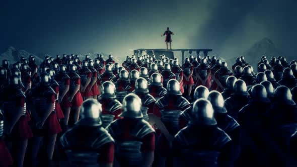 Roman Centurion Gives A Speech In Front Of A Legion Under Rain alt