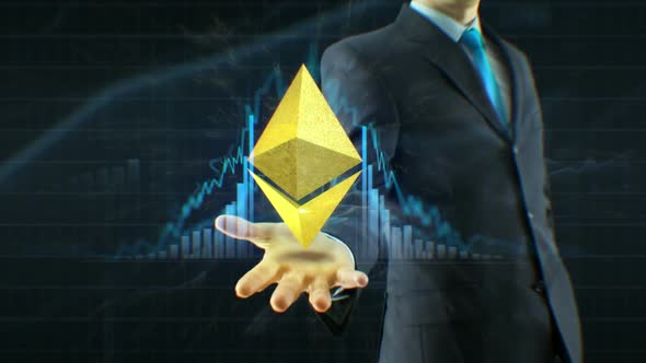 Business Man, Businessman Hold Ethereum, Ether Cash Icon on Hand Growth of Quotations, Currency