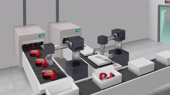 Working shoes packaging conveyor - 3d animation