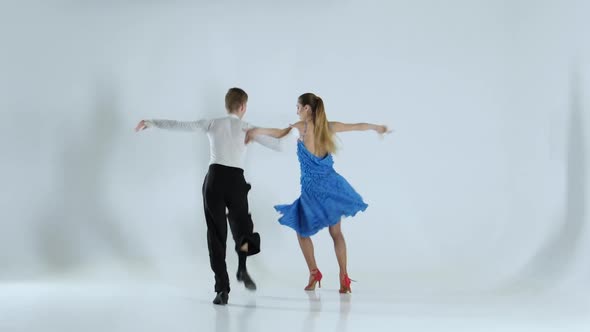 Couple of Graceful Dancers Perform Ballroom on White Background, Shadow alt