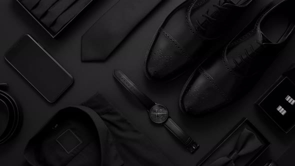 Elegant Man Clothes Concept. Set of Black Wardobe and Accessories for Official Party Evening Meeting alt