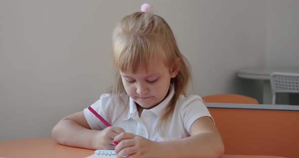 Portrait School Kid Siting on Table Doing Homework School and Home Schooling Distance Education alt