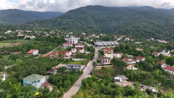 Village with green fields in Turkey  town