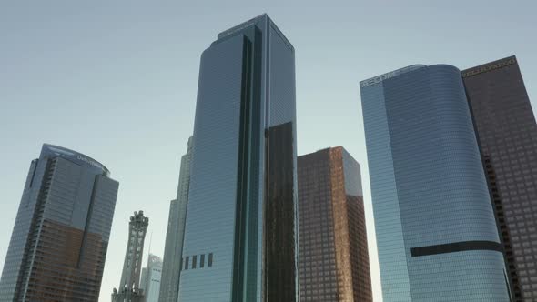 AERIAL Backing Up From Downtown Los Angeles California Skyline with Look at Skyline Skyscrapers at alt