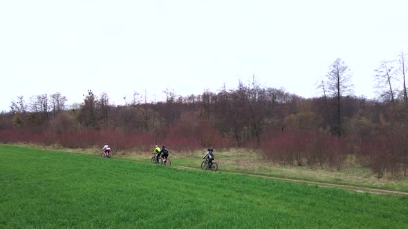 Aerial Shot of Young Sport Men Ride Bicycles on Countryside Road Near Green Field at Spring Cloudy alt
