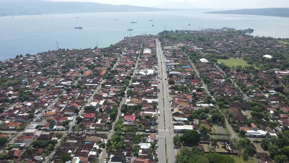 Aerial view of Gilimanuk Village near port and Bali Ocean Indonesia alt