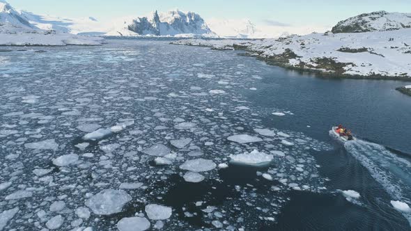 Zodiac Boat in Antarctica Ocean Aerial Shot alt