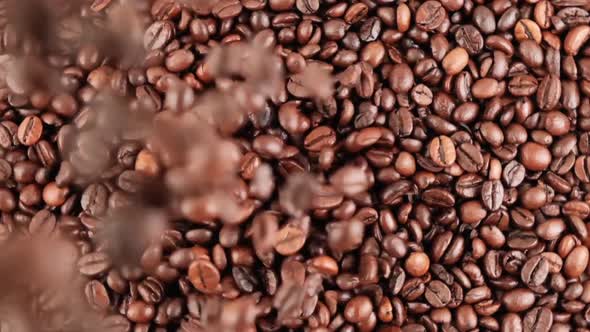 A Lot of Coffee Beans are Moving in a Circle Coffee Beans are Falling on Top