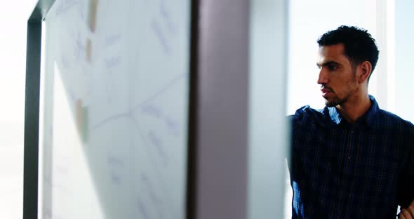 Team of business executives discussing over glass board alt