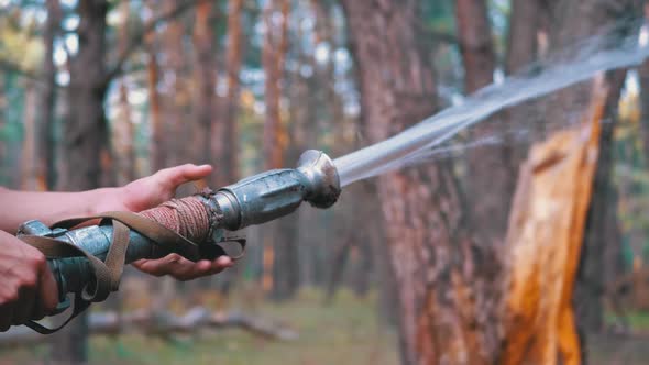 Men's Hands Hold a Fire Hose From Which Water Runs Under Pressure in Pine Forest alt