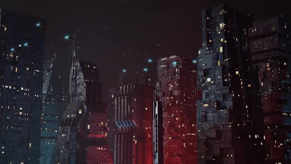 Futuristic, Dystopian Sci-Fi City at Night Establishing Shot - With Flying Cars
