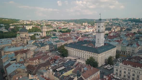 Aerial Drone Video of European City Lviv, Ukraine. Rynok Square, Central Town Hall, Dominican Church alt