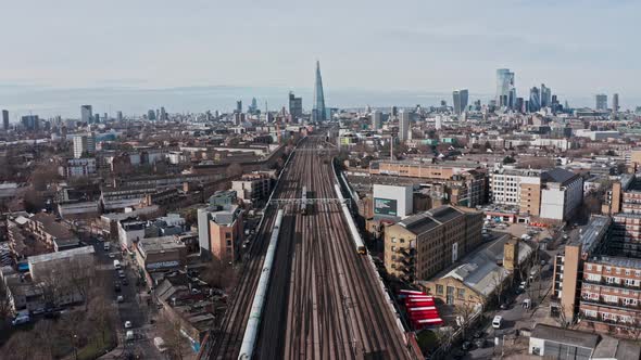 UK National rail trains London bridge station aerial drone shot alt