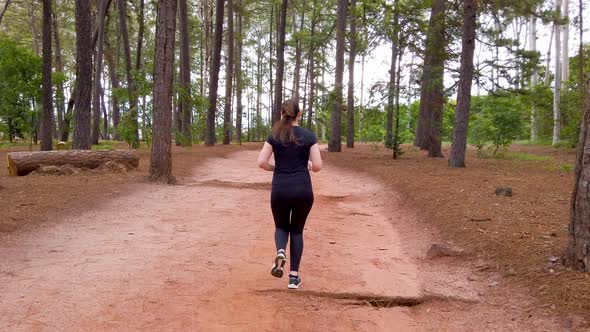 Girl running on a dirt trail between trees, camera following the subject from behind. alt