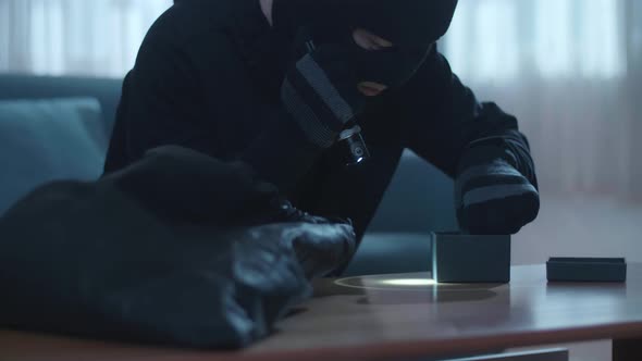 Close Up Of A Thief Man Holding Flashlight Stealing A Watch In Someone'S House Before Walking Away alt