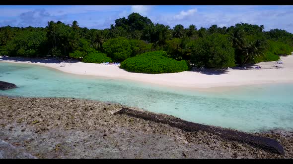 Aerial above tourism of marine shore beach holiday by clear lagoon with white sandy background of jo alt