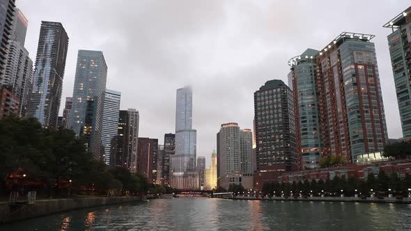 Chicago waterfront view with skyscrapers and clouds