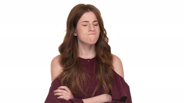 Portrait of Strict Female Standing with Arms Crossed and Shaking Head in Denial Saying NO Isolated alt