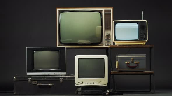 Retro Old Tv Televisions Composition Collection on Black Background alt