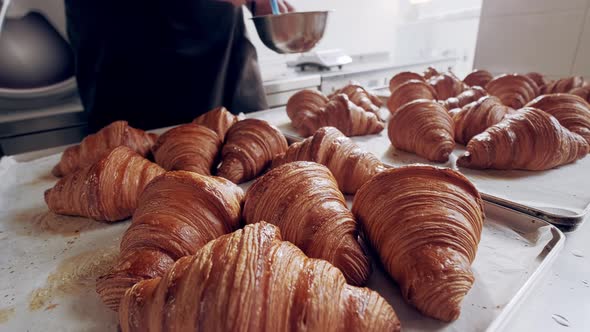 Baker Greases Freshly Baked French Croissants with Ghee at Bakery alt