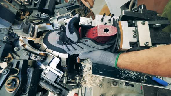 Footwear Equipment Is Being Used To Shape a Sneaker. Factory Production of Footwear alt
