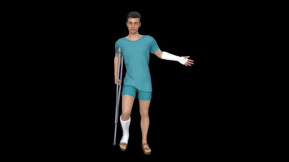 Man with a Crutch and a Leg in a Cast that Talks Something