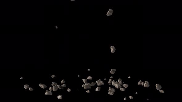 Different sizes of rocks stones debris falling from sky on alpha channel background, landslide