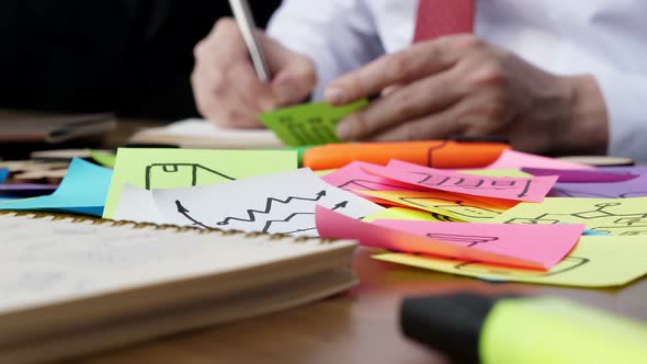 A Businessman Works with Papers at a Table Heaped with a Stack of Colorful Stickers
