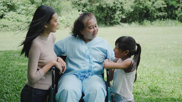 Grandmother sitting on wheelchair with daughter and granddaughter enjoy in the park together alt