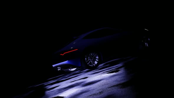 Luxury Blue Sports Car Driving Slowly In The Dark alt