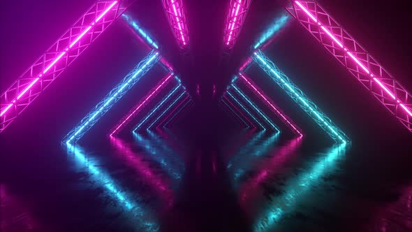 Abstract Neon Background Flying Forward Through the Corridor Glowing Pink Blue Lines Appear alt