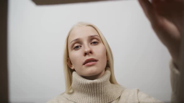 Happy Woman Open Delivery Internet Shopping Box Smiling alt