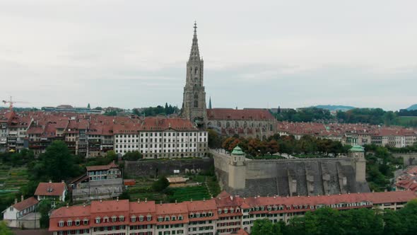 Establishing Aerial Panorama of Old Town of Bern Capital City Switzerland