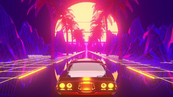 Retro neon Background with Car, Motion Graphics | VideoHive