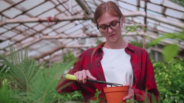 Girl in Red Shirt Transplants Flowers in Greenhouse Works Tools