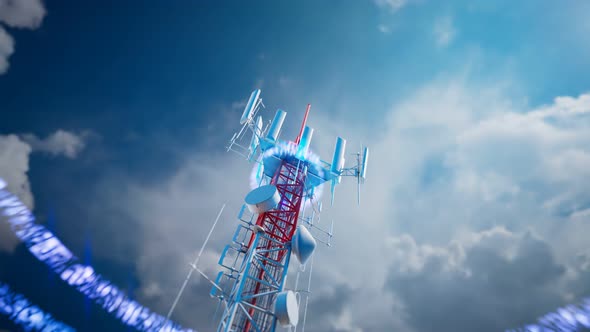 Cell phone tower emits 5G signals. The antenna transmits electromagnetic waves. alt