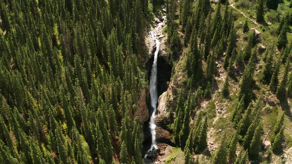 Aerial View of Waterfall in Barskoon Gorge Kyrgyzstan alt