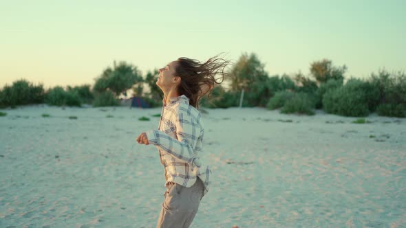 Outdoors Portrait of Happy Attractive Mixed Race Woman Enjoying Walk on Wild Sea Sand Beach at alt