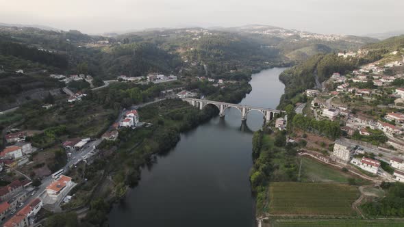 Aerial Landscape view Over entre-os-Rios scenic Bridge, Tamega river, Portugal