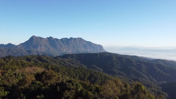 Aerial landscape view of greenery rainforest and hills by drone