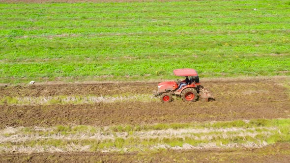 A Farmer Uses a Tractor To Prepare the Soil for Rice Cultivation alt