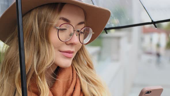 Closeup Young Beautiful Woman Under Umbrella Smiling Outdoors Student Attractive Female Holding alt