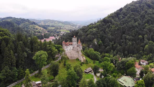 Aero Panoramic View Of The Ancient Bran Castle On A Hill Dracula Castle Transylvania Brasov By Djtrenerhive