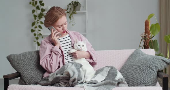 Serious Focused Girl Freelancer Sits on Sofa in Living Room Covered with Soft Woolen Blanket Hugs alt