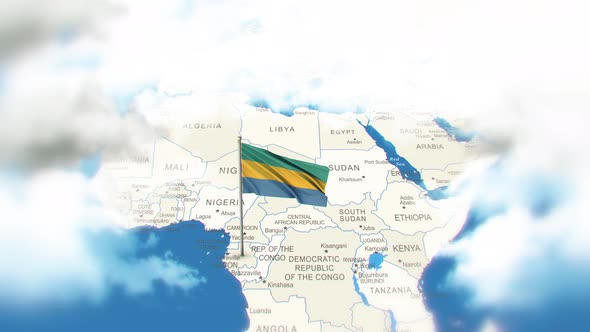 Gabon Map And Flag With Clouds