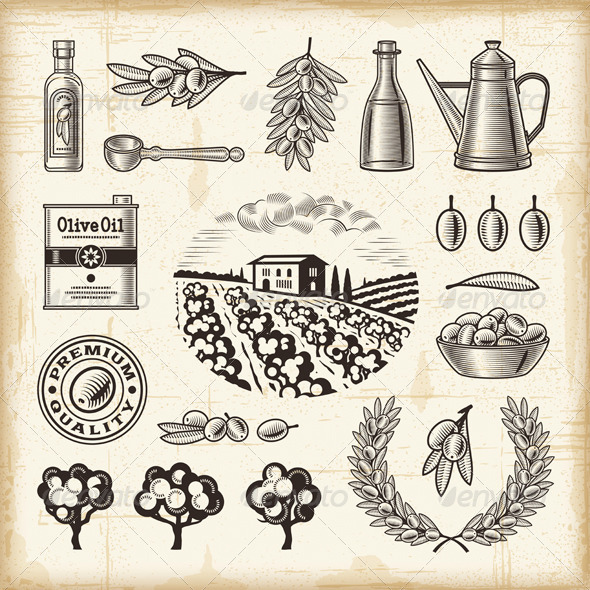 Vintage Olive Harvest Set - Decorative Symbols Decorative